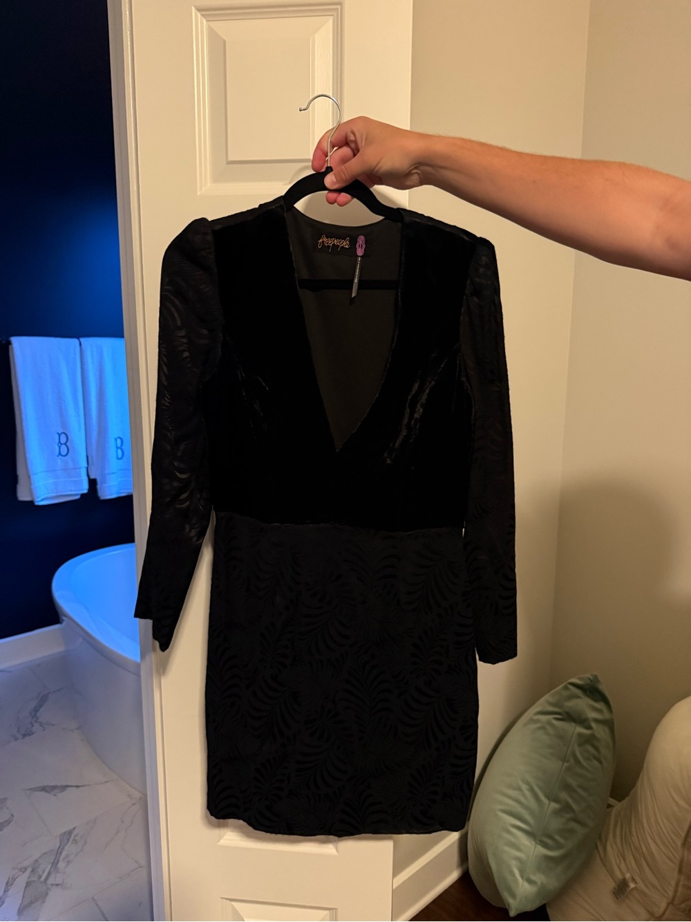 Free People Black Long-Sleeve V-Neck Velvet and Burnout Dress